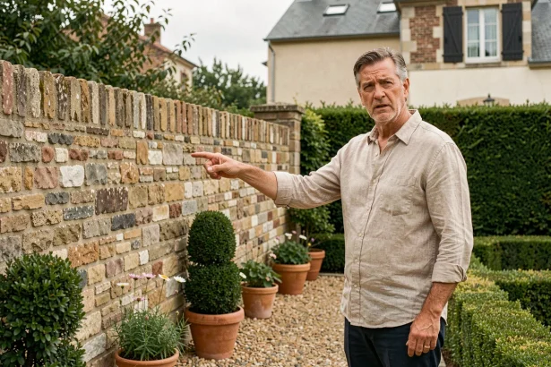Propriétaire montrant un mur mitoyen trop haut dans son jardin résidentiel, contexte de litige de voisinage