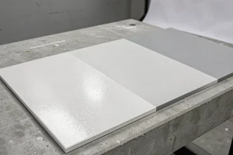 Trois échantillons de métal peints en RAL 9006 côte à côte montrant les finitions brillant, satiné et mat