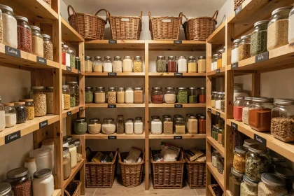 Cellier bien organisé avec étagères en bois, bocaux en verre étiquetés et paniers en osier pour un rangement pratique et esthétique