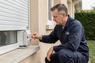 Technicien en train de réinitialiser le moteur d'un volet roulant Bubendorff sur une façade résidentielle