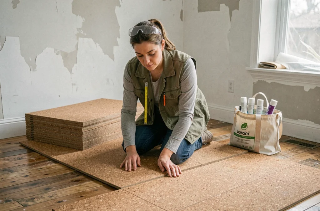 Femme posant un sous-plancher en liège naturel dans un salon en rénovation, travaux DIY écologiques et économiques