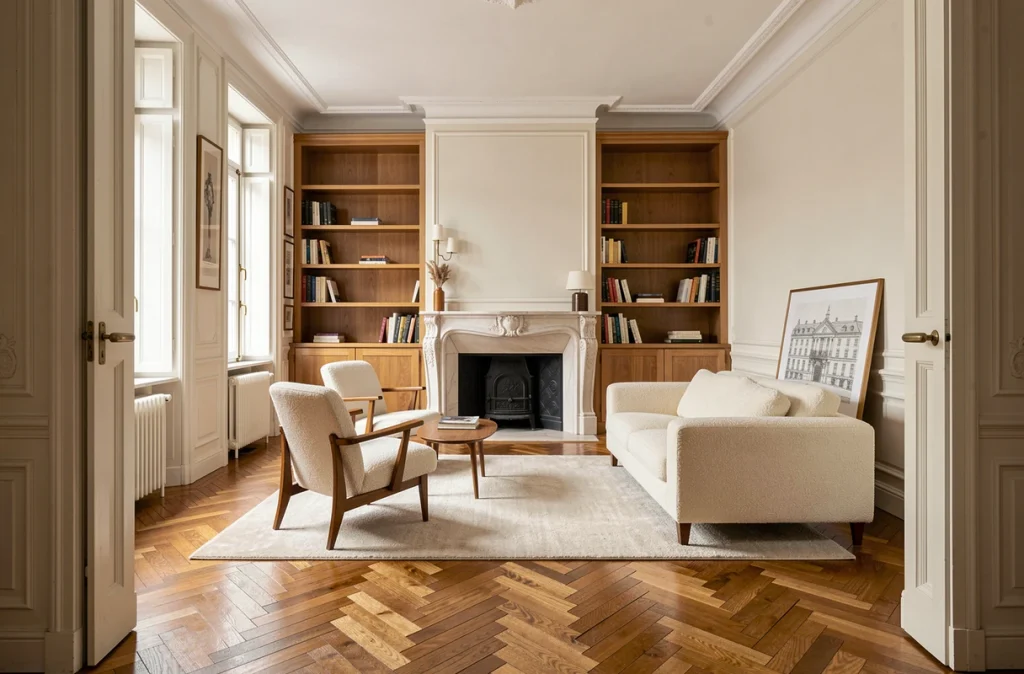 Salon rénové dans un appartement ancien à Lyon avec parquet en chevrons restauré et cheminée d'époque