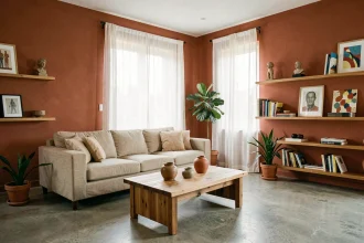 Séjour moderne avec murs peints en couleur terracotta et canapé en lin beige, style déco tendance