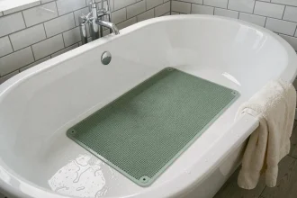 Tapis antidérapant vert sauge posé dans une baignoire blanche avec ventouses visibles et surface mouillée réaliste
