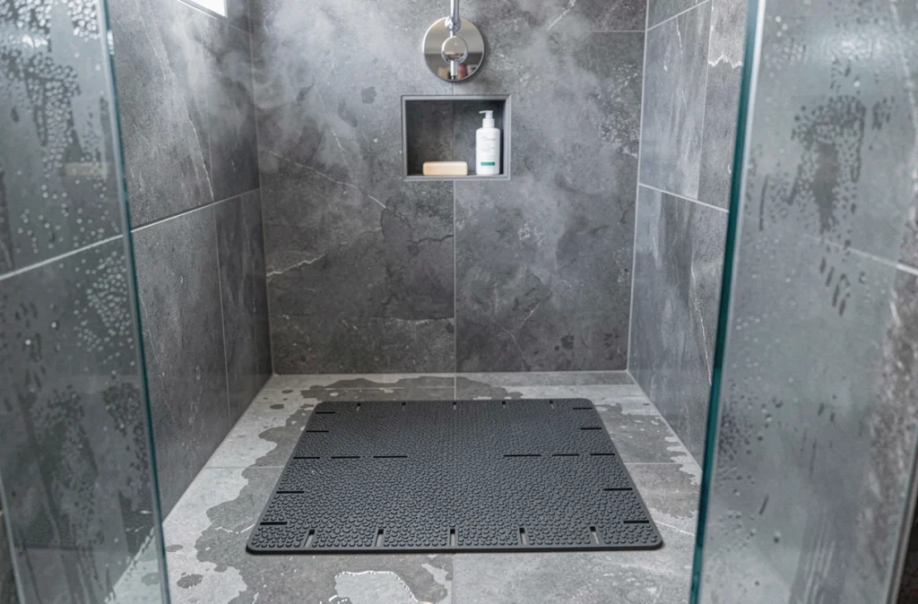 Tapis antidérapant carré gris anthracite dans une douche à l'italienne avec sol en carrelage gris mouillé