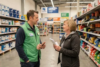 Vendeur Leroy Merlin en tablier vert conseillant une cliente dans le rayon outillage d'un grand magasin de bricolage