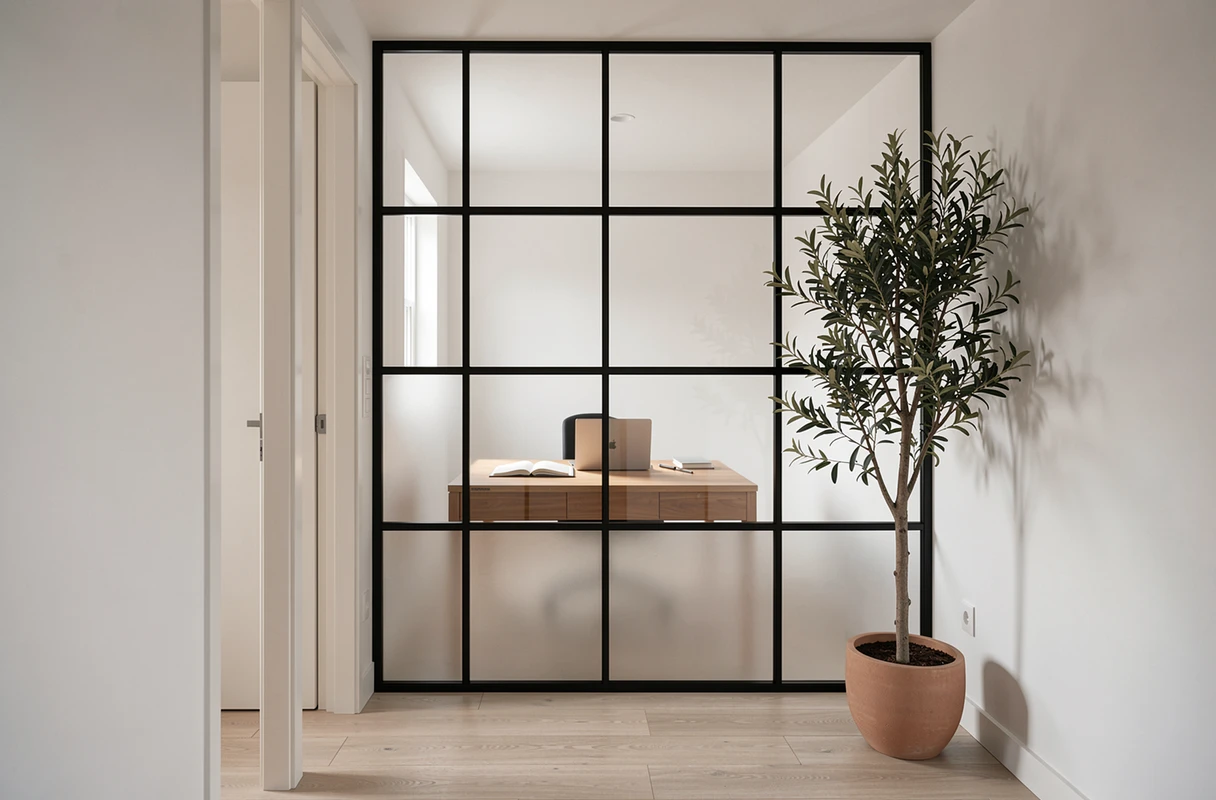 Verrière intérieure style scandinave séparant un bureau à domicile et un couloir avec cadre acier noir et verre dépoli