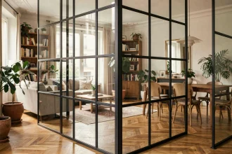 Verrière intérieure en acier noir séparant le salon et la salle à manger dans un appartement haussmannien rénové