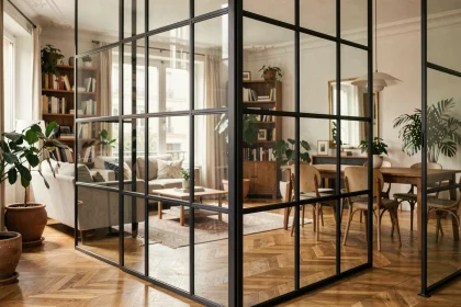 Verrière intérieure en acier noir séparant le salon et la salle à manger dans un appartement haussmannien rénové