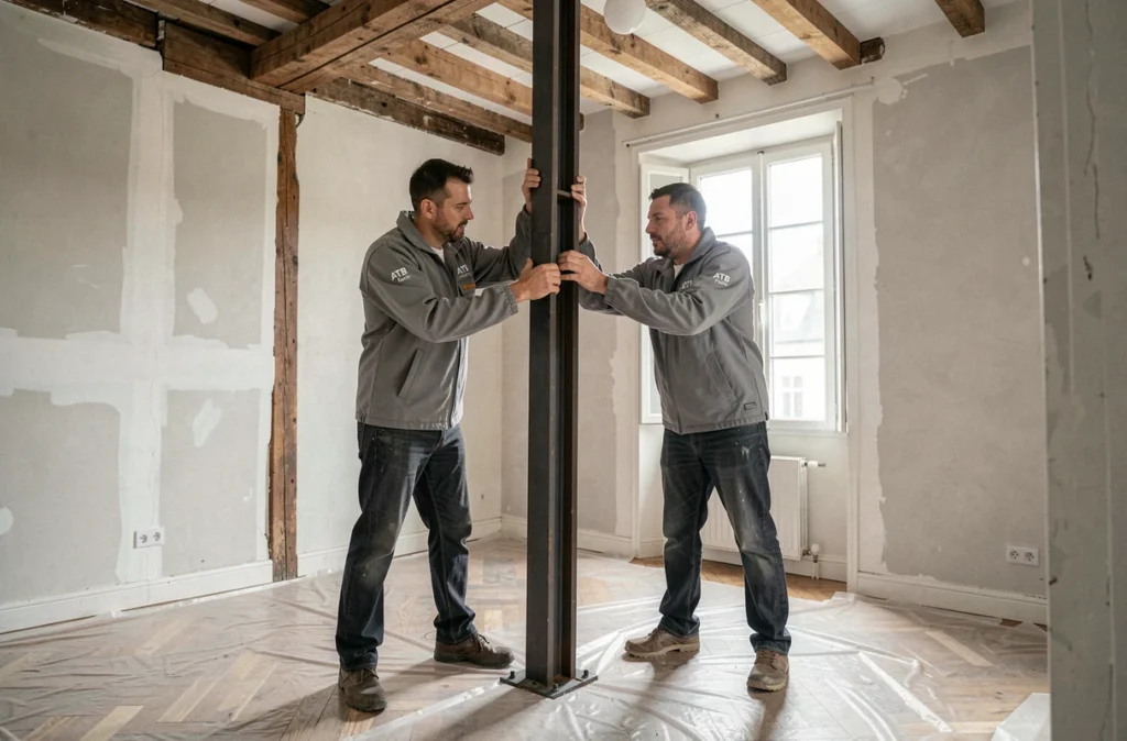 Équipe ATB Paris installant une poutre de renfort structurel dans un appartement parisien en rénovation complète