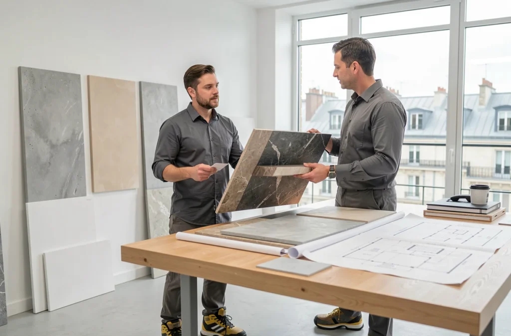 Professionnel de BTP Design Paris présentant des échantillons de matériaux de construction modernes dans un showroom parisien contemporain