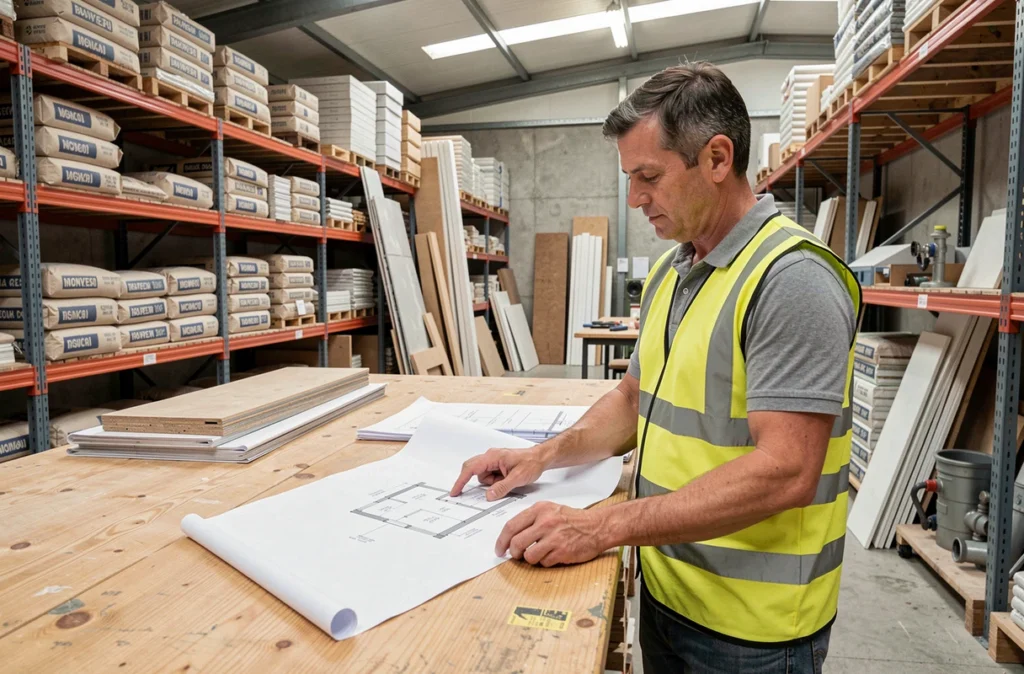 Conseiller du Centre Du Bâtiment examinant des plans de construction dans un dépôt de matériaux parisien bien équipé