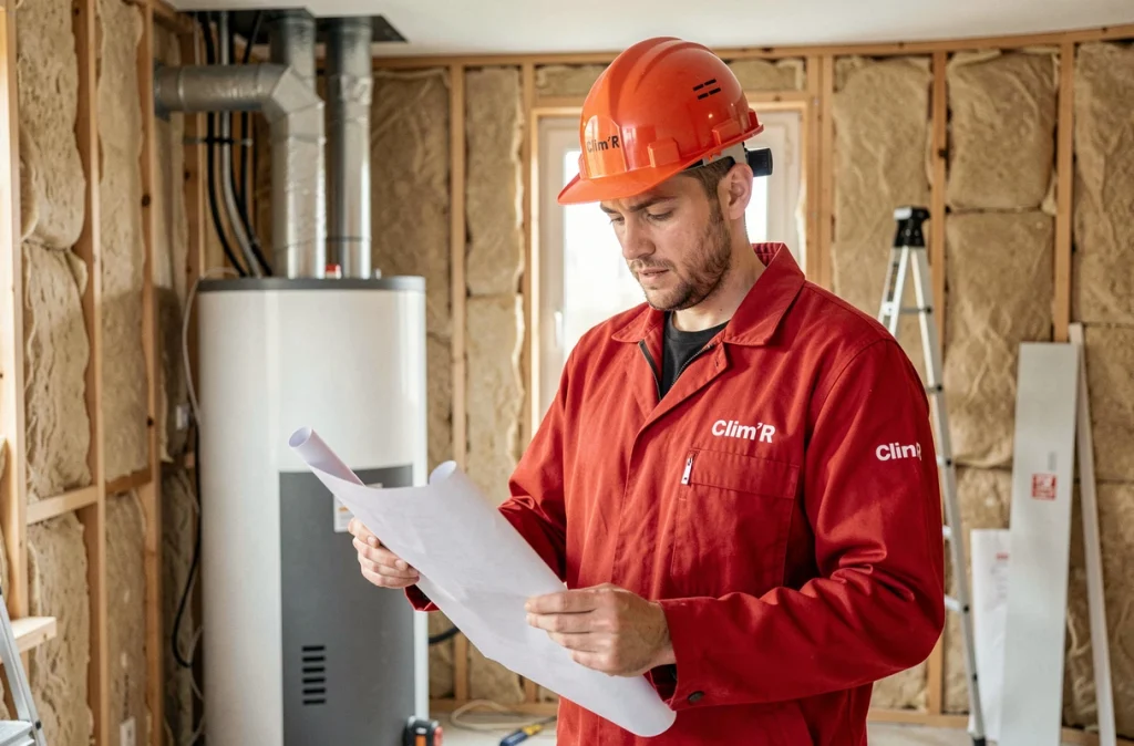 Technicien Clim'R installant une pompe à chaleur dans un appartement parisien en cours de rénovation énergétique