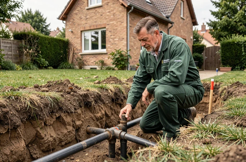 Spécialiste Climeden posant des capteurs géothermiques pour une pompe à chaleur dans un jardin parisien