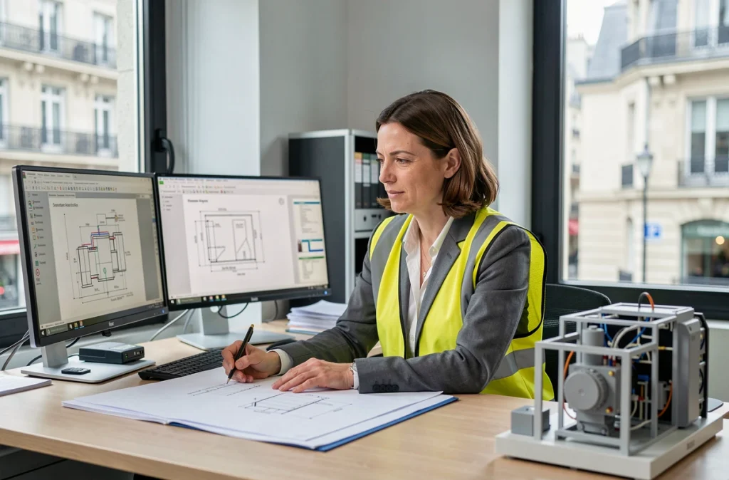 Ingénieure CLIMETUDE analysant des plans techniques d'installation de pompe à chaleur dans un bureau d'études parisien