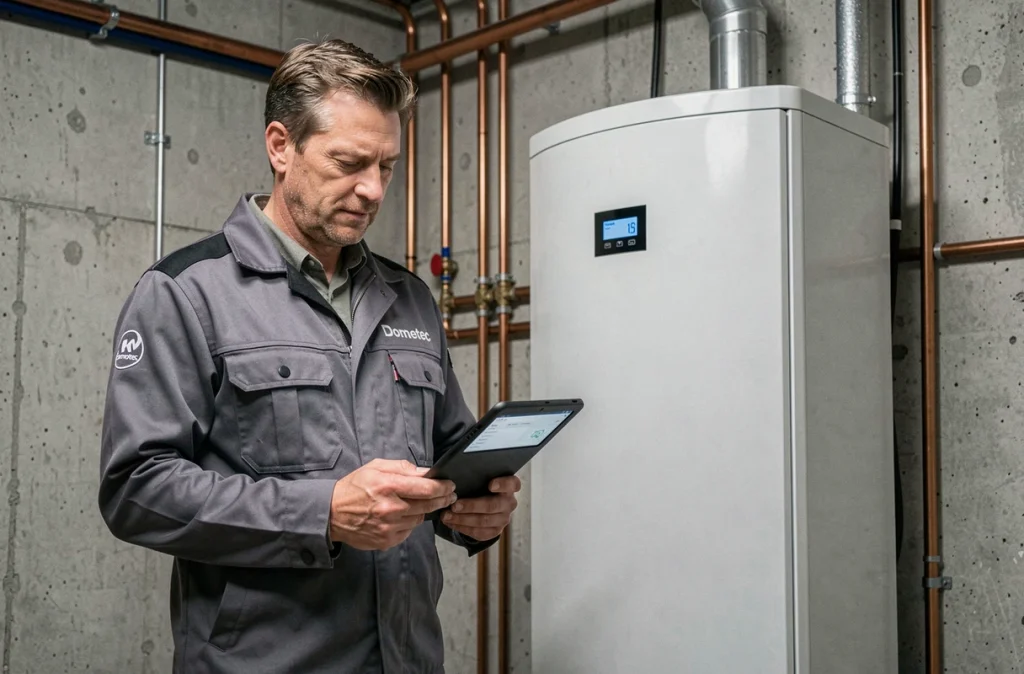 Spécialiste Domotec vérifiant une pompe à chaleur dans une chaufferie d'immeuble parisien