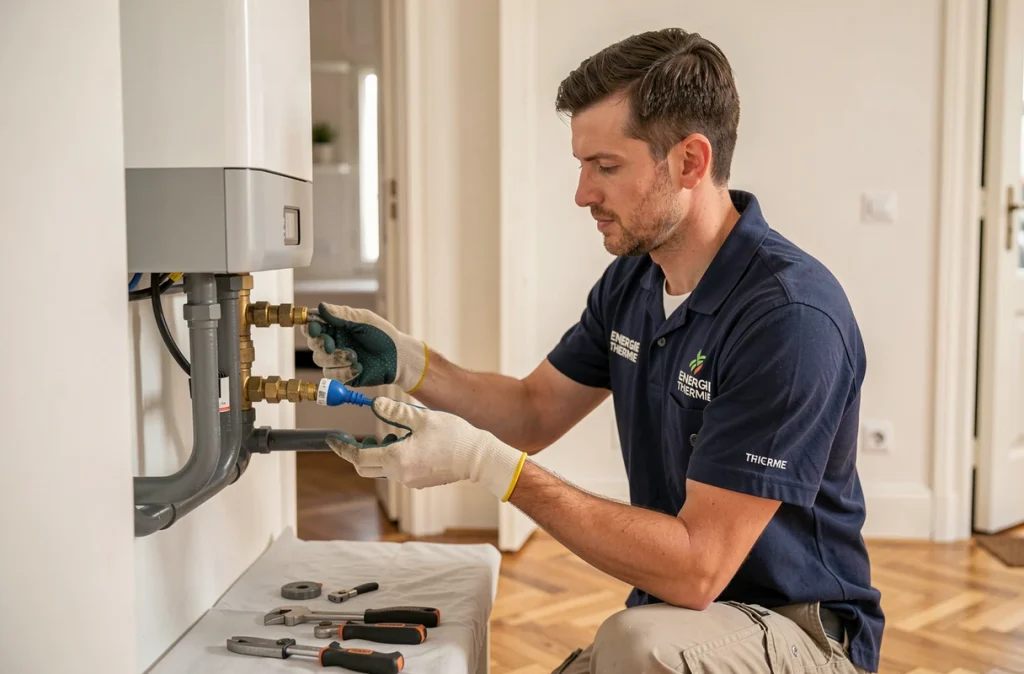 Technicien Energie Thermie installant une pompe à chaleur dans un appartement parisien moderne