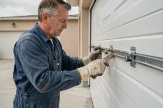 Homme entretenant les rails et galets d'une porte de garage sectionnelle blanche avec un lubrifiant