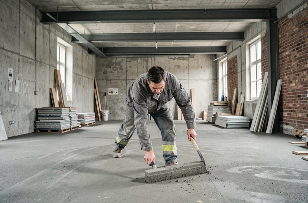 Fabien Vernisse lissant un sol en béton fraîchement coulé dans un loft parisien en cours de rénovation