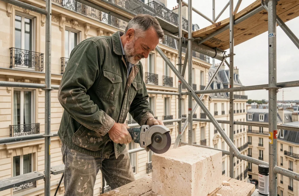 Artisan de Houari Arabe découpant un bloc de calcaire sur un échafaudage d'un immeuble haussmannien parisien