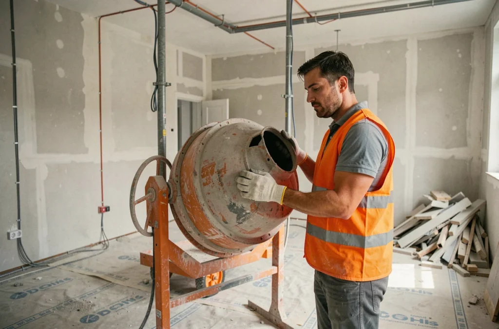 Ouvrier d'Ibo Travaux utilisant une bétonnière pour construire une cloison dans un immeuble parisien en rénovation