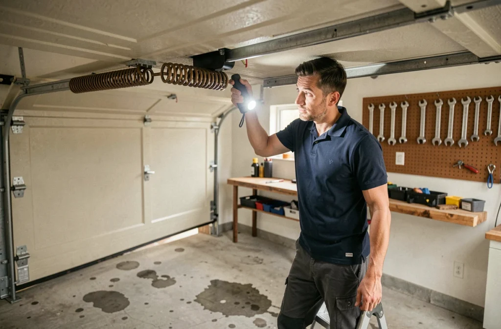 Homme inspectant le ressort de torsion d'une porte de garage automatique depuis un escabeau