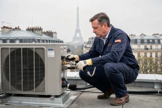 Technicien professionnel installant une pompe à chaleur sur un toit parisien avec la tour Eiffel en arrière-plan
