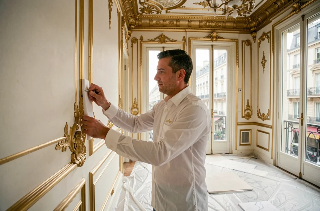 Artisan de La Maison D'Or posant une moulure dorée dans un appartement parisien de luxe en cours de rénovation