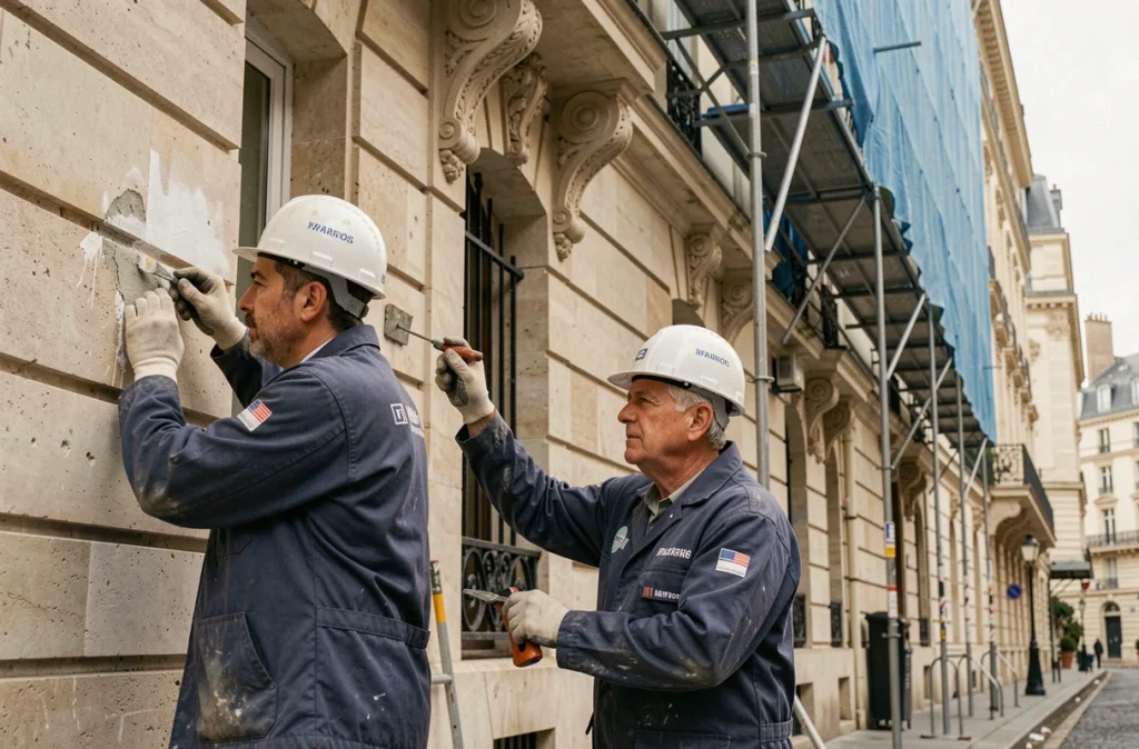 Équipe des Maçons Parisiens restaurant une façade en pierre calcaire sur un immeuble haussmannien à Paris