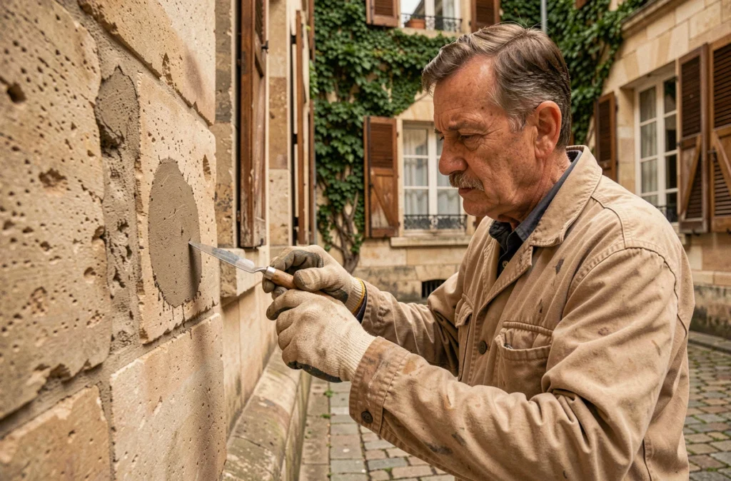 Artisan de Maçonnerie Parisienne rejointoyant des pierres calcaires dans une cour intérieure d'immeuble parisien historique