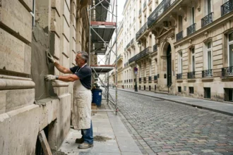 Maçon professionnel travaillant sur une façade haussmannienne à Paris, avec échafaudage et balcons en fer forgé en arrière-plan