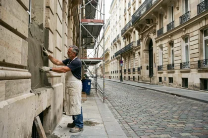 Maçon professionnel travaillant sur une façade haussmannienne à Paris, avec échafaudage et balcons en fer forgé en arrière-plan