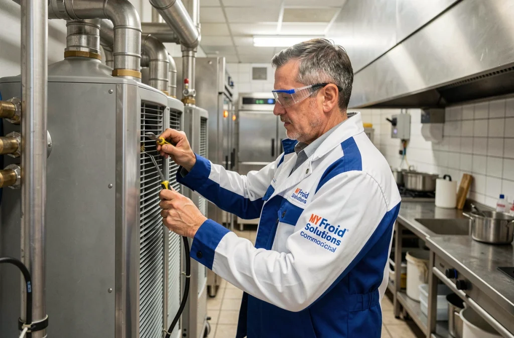 Technicien MY Froid Solutions installant un système de pompe à chaleur commerciale dans une cuisine de restaurant parisien