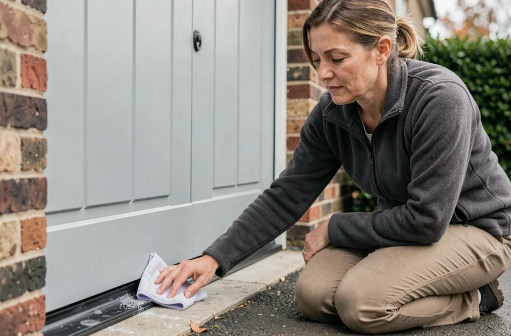 Femme nettoyant le joint bas d'une porte de garage grise avec un chiffon microfibre