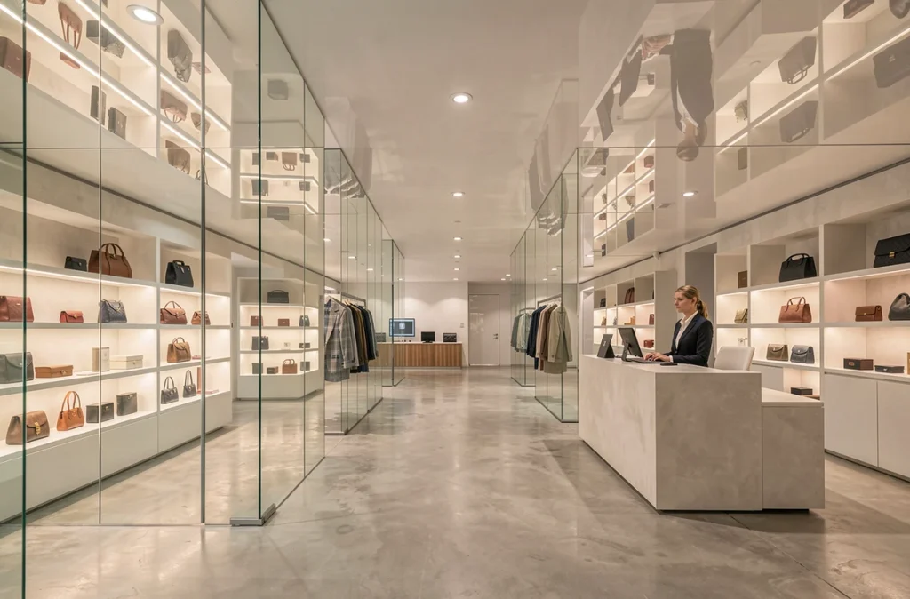 Plafond tendu brillant dans un showroom commercial haut de gamme avec présentoirs et hôtesse d'accueil