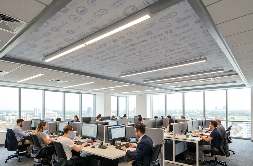 Plafond tendu imprimé aux couleurs d'une entreprise dans un open space de bureaux avec employés au travail