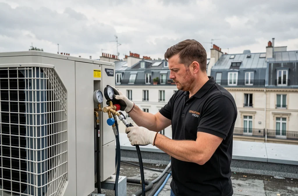 Technicien Sensation Froid effectuant la maintenance d'une pompe à chaleur commerciale sur un toit parisien