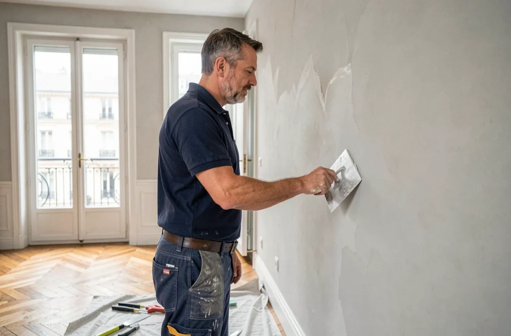 Artisan de SG Renovation appliquant un enduit lisse sur un mur intérieur dans un appartement parisien rénové