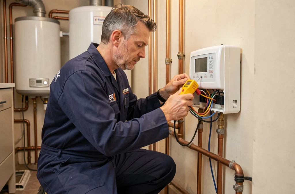 Technicien SK Energie raccordant le tableau électrique d'une pompe à chaleur dans un appartement parisien
