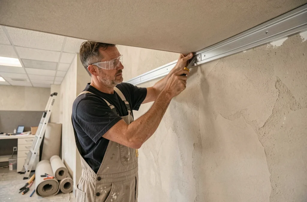 Technicien installant un plafond en toile tendue dans un local professionnel en cours de rénovation