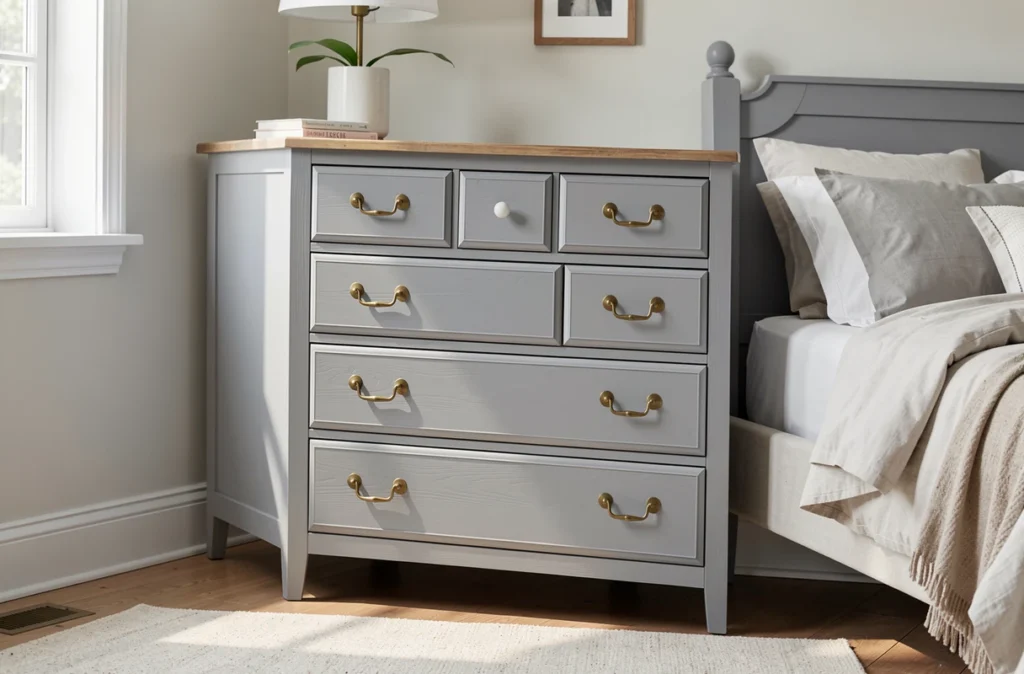 Commode en bois repeinte en gris avec poignées en laiton neuves
