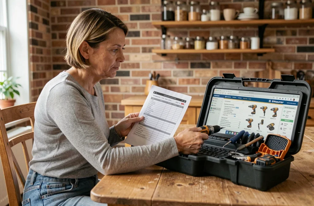 Une femme compare les caractéristiques d'un outil Erbauer sur son ordinateur avant de finaliser son achat