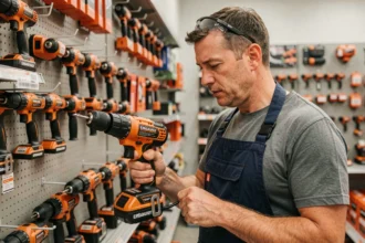 Un homme examine attentivement une perceuse sans fil Erbauer dans un rayon de bricolage avant de l'acheter