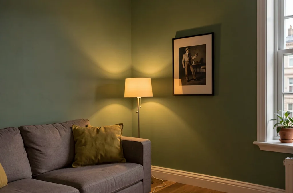 Mur d'accent peint en vert et lampe d'appoint dans un salon