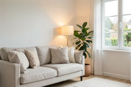 Salon lumineux avec lampe, canapé et plante près de la fenêtre